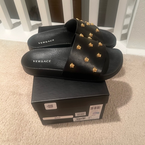 Versace Black Slides with Gold Medusa Accents - Picture 4 of 4